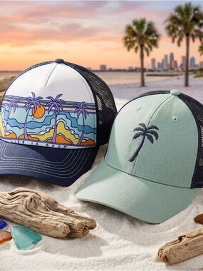 NWT Life is Good Hat Bundle (2) | Palm Tree + Beach Graphic Trucker Caps